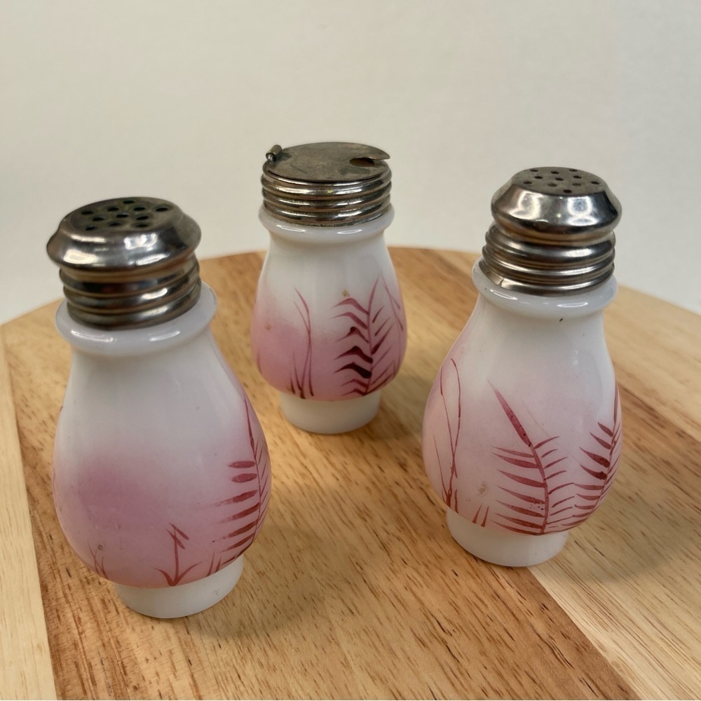 Mt Washington Milk Glass Fern Condiment Shakers Antique